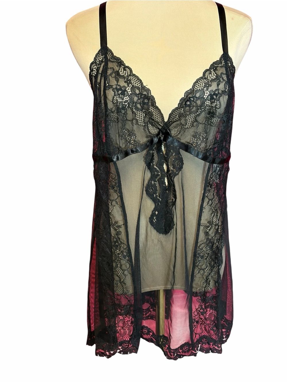 Adore Me Black Lace & Pink Sheer Babydoll Chemise Lingerie 1X Plus Size